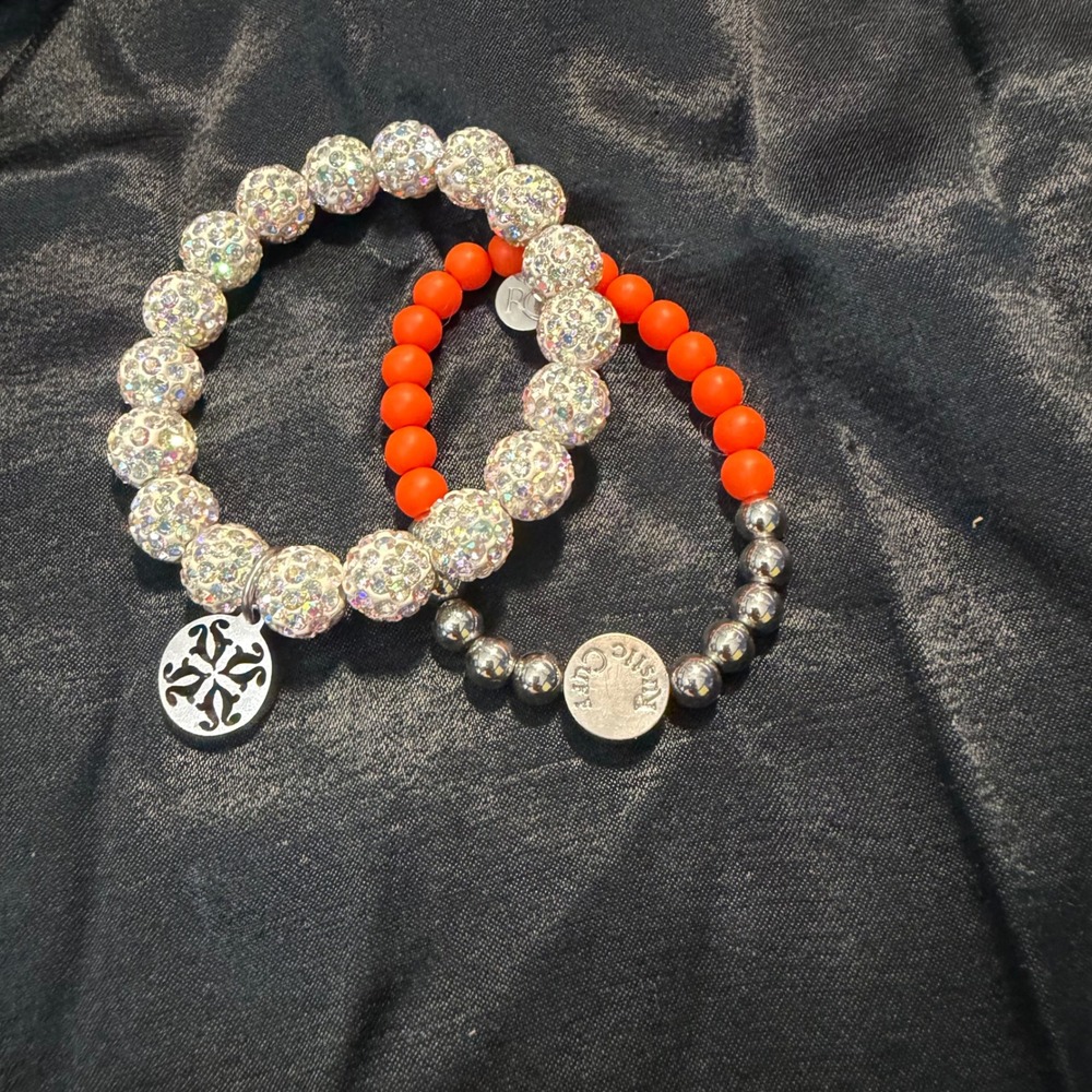 Rustic Cuff Bracelet Set OS‎ Orange Silver Pave Crystal Beaded Stretch Charms